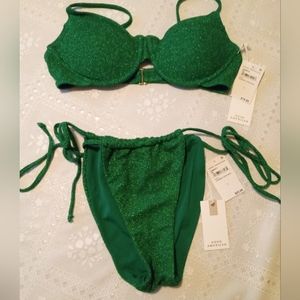 🆕Good American Sparkle Tiny Ties Metallic Bikini Set, Summer Green, 3/Large NWT